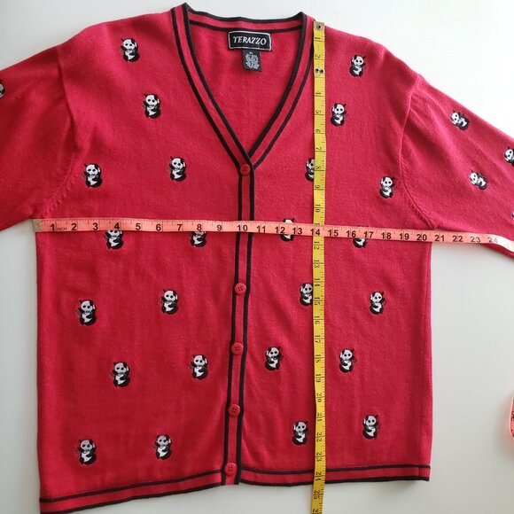 Vintage Terazzo Panda Embroidered Red And Black Cardigan Sweater Size XL - Picture 9 of 12